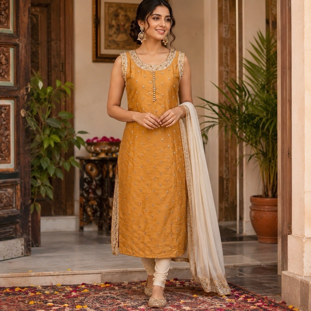 South Asian Salwar Kameez Tunic Womens XXL Mustard Gold Excellent Kurti Floral